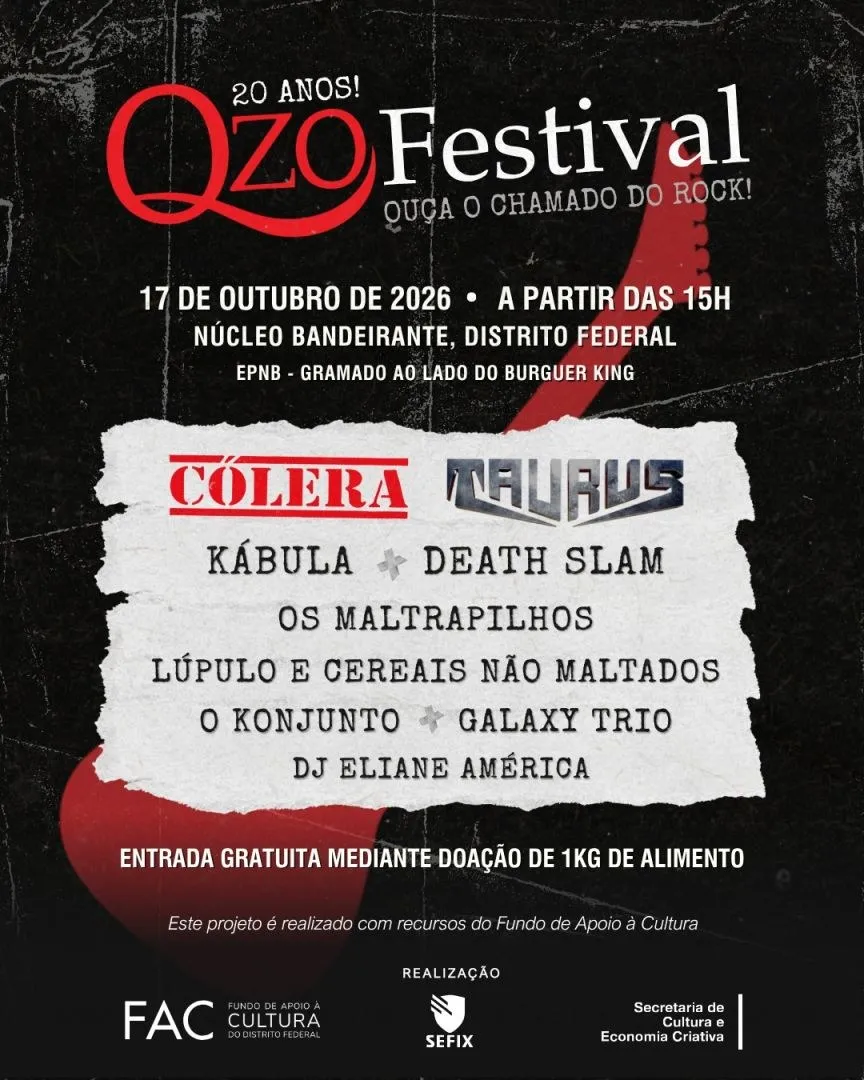 Cartaz do QZO Festival, de 17 de outubro de 2026, no Núcleo Bandeirante, com as bandas da programação
