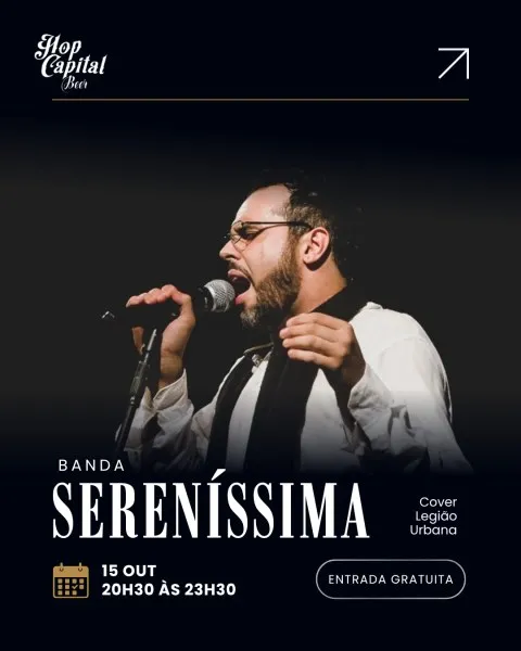 Cartaz da Banda Sereníssima, cover de Legião Urbana, com o vocalista cantando ao microfone