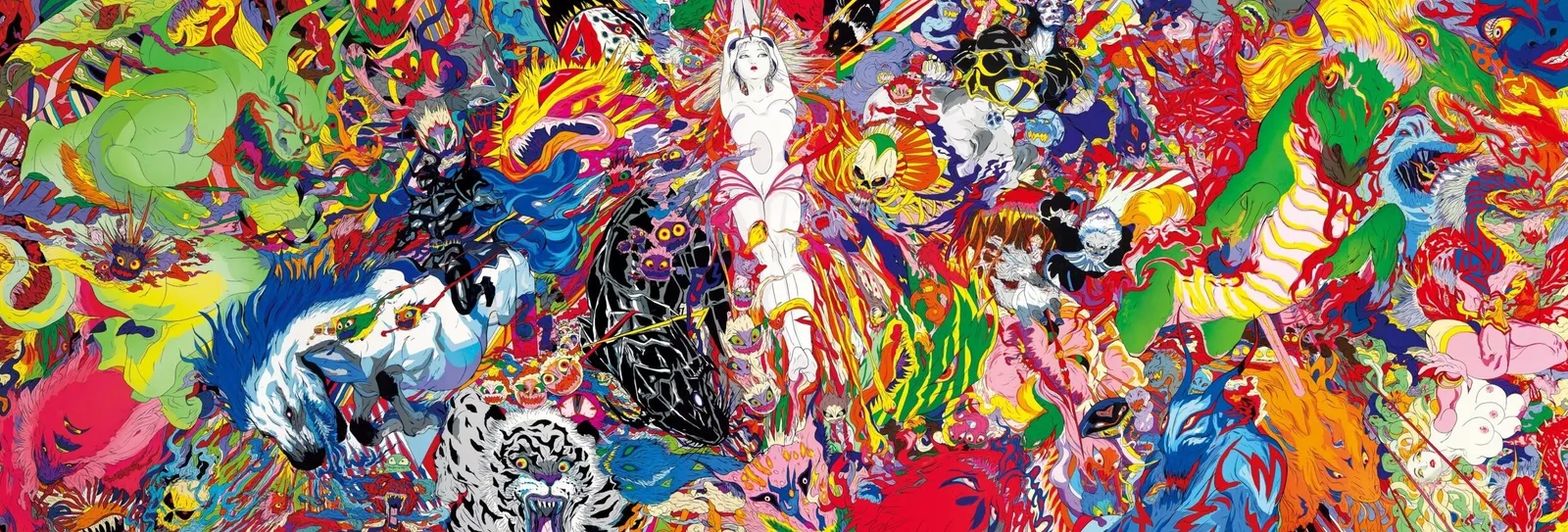 Pintura panorâmica de Yoshitaka Amano com figuras fantásticas, flores e criaturas em cores vivas sobre fundo multicolorido