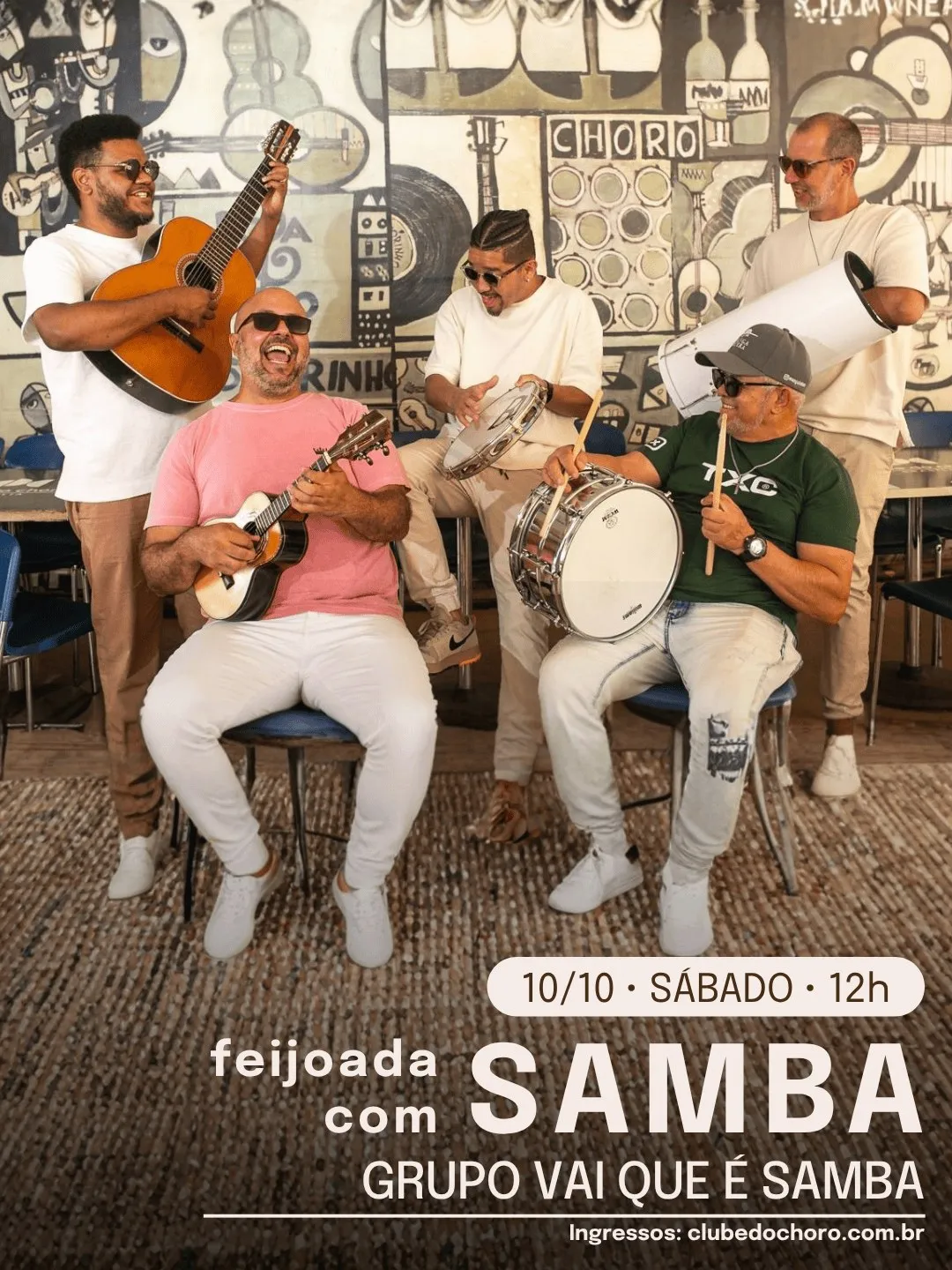 Arte de divulgação de 10/10 Feijoada com Samba e Grupo Vai que É Samba, no Clube do Choro de Brasília