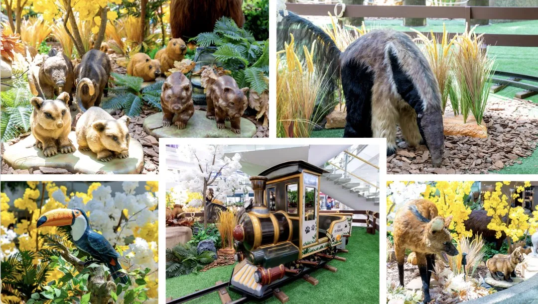 Montagem com esculturas de animais do Cerrado, como tamanduá, tucano e capivaras, entre plantas